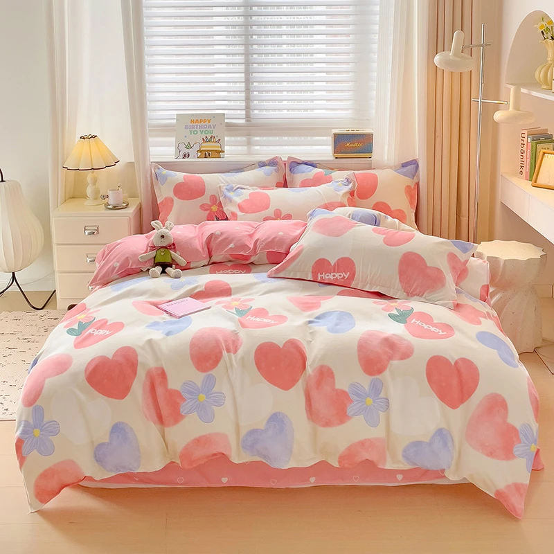 新款小清新加厚四季通用斜纹磨毛四件套宿舍单双人印花被罩