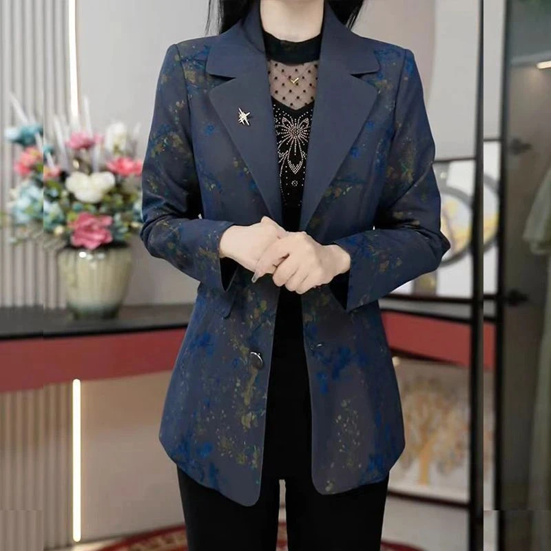 皮尔卡丹时尚高级感轻奢印花西装外套女春秋新款气质减龄百搭显瘦