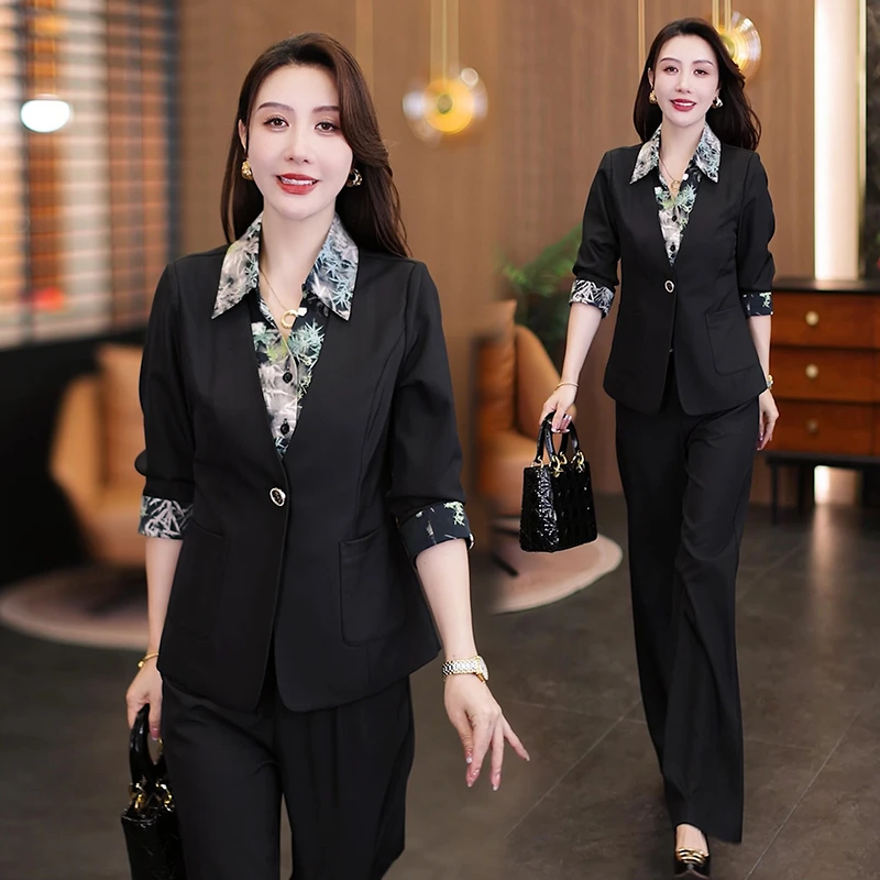 时尚套装女2025春秋季新款拼接印花翻领假两件西装休闲职业两件套