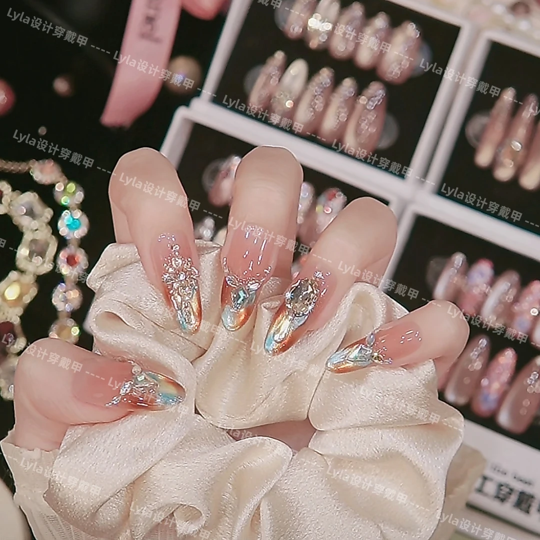 【三生琥珀】纯手工穿戴美甲猫眼光疗立体锆石钻爆闪显白气质高级感