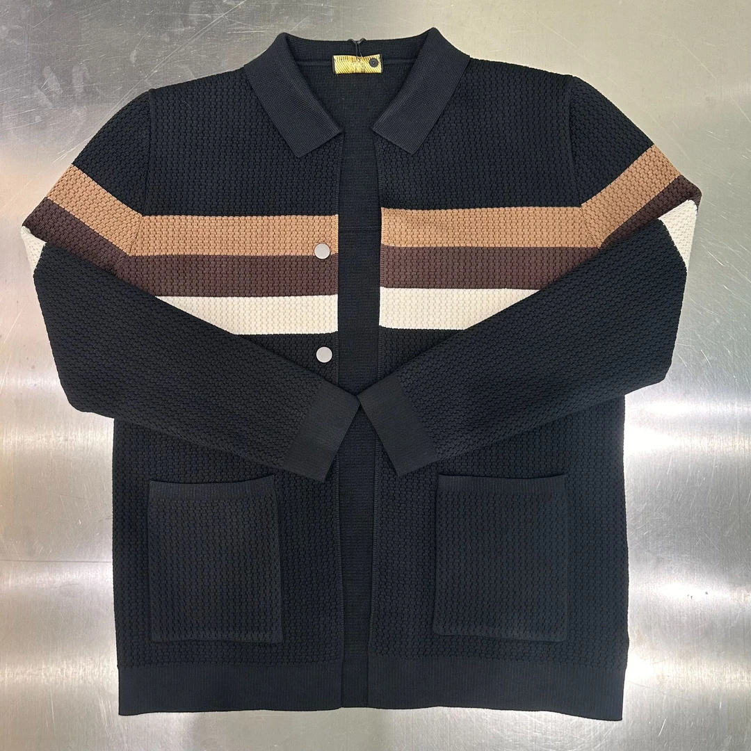 2025男士针织开衫时尚休闲商务翻领拼接春季条纹撞色修身1726