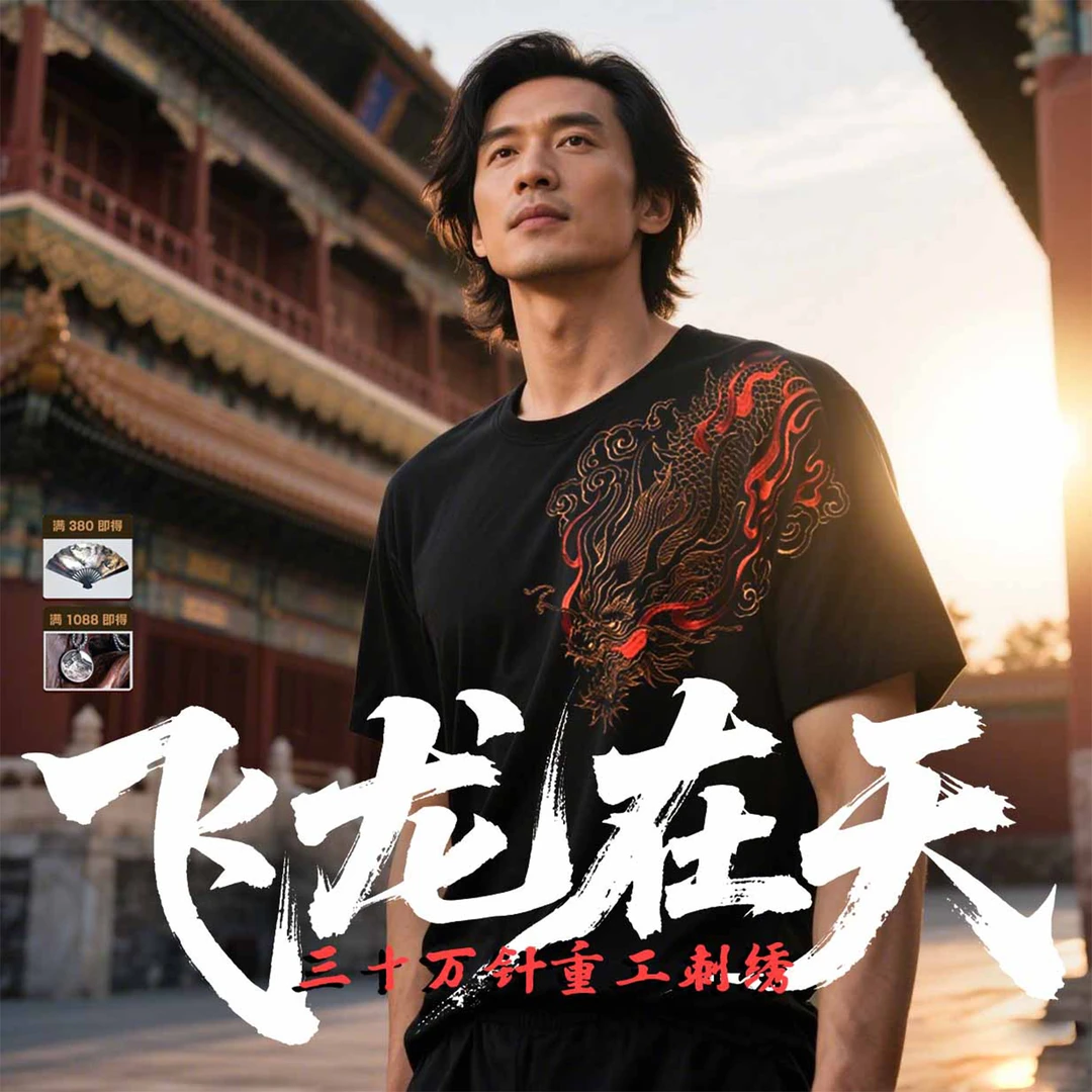 【飞龙在天】国潮重工刺绣宽松纯棉舒适透气短袖T恤男生衣服高级感