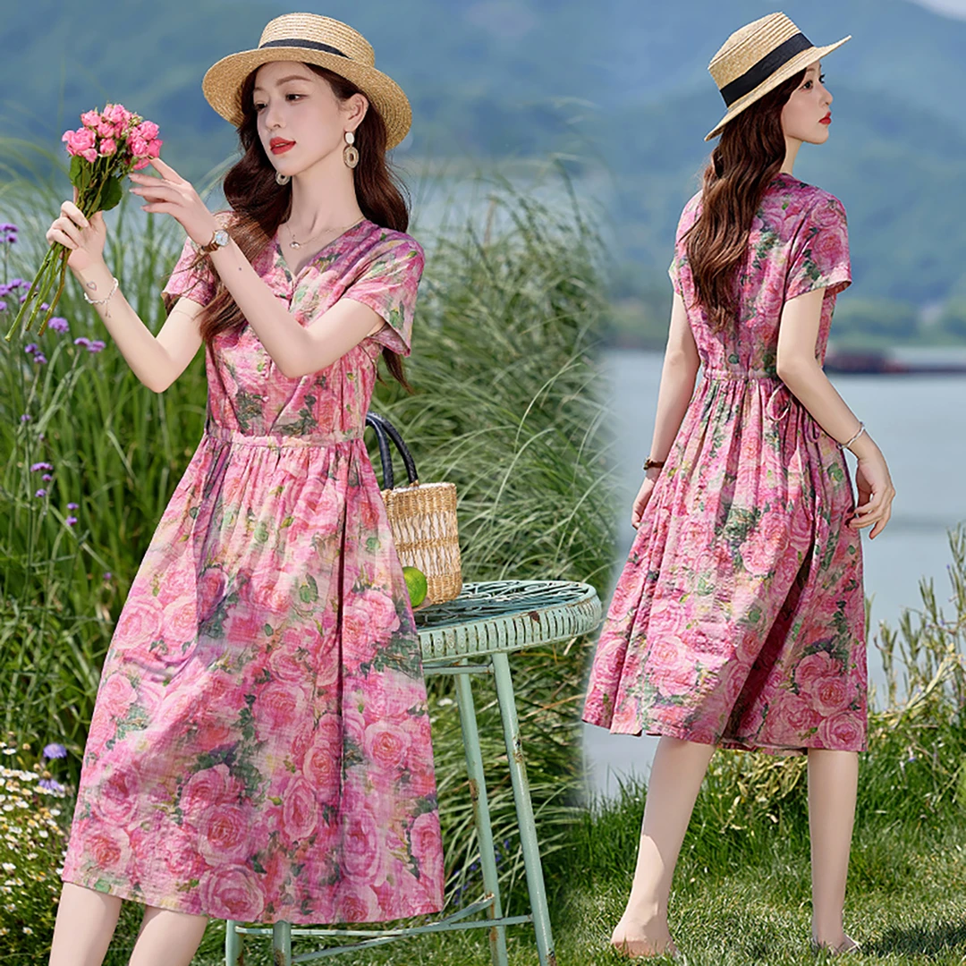 国风盘扣印花棉麻连衣裙女2025夏新款气质收腰显瘦小个子漂亮裙子