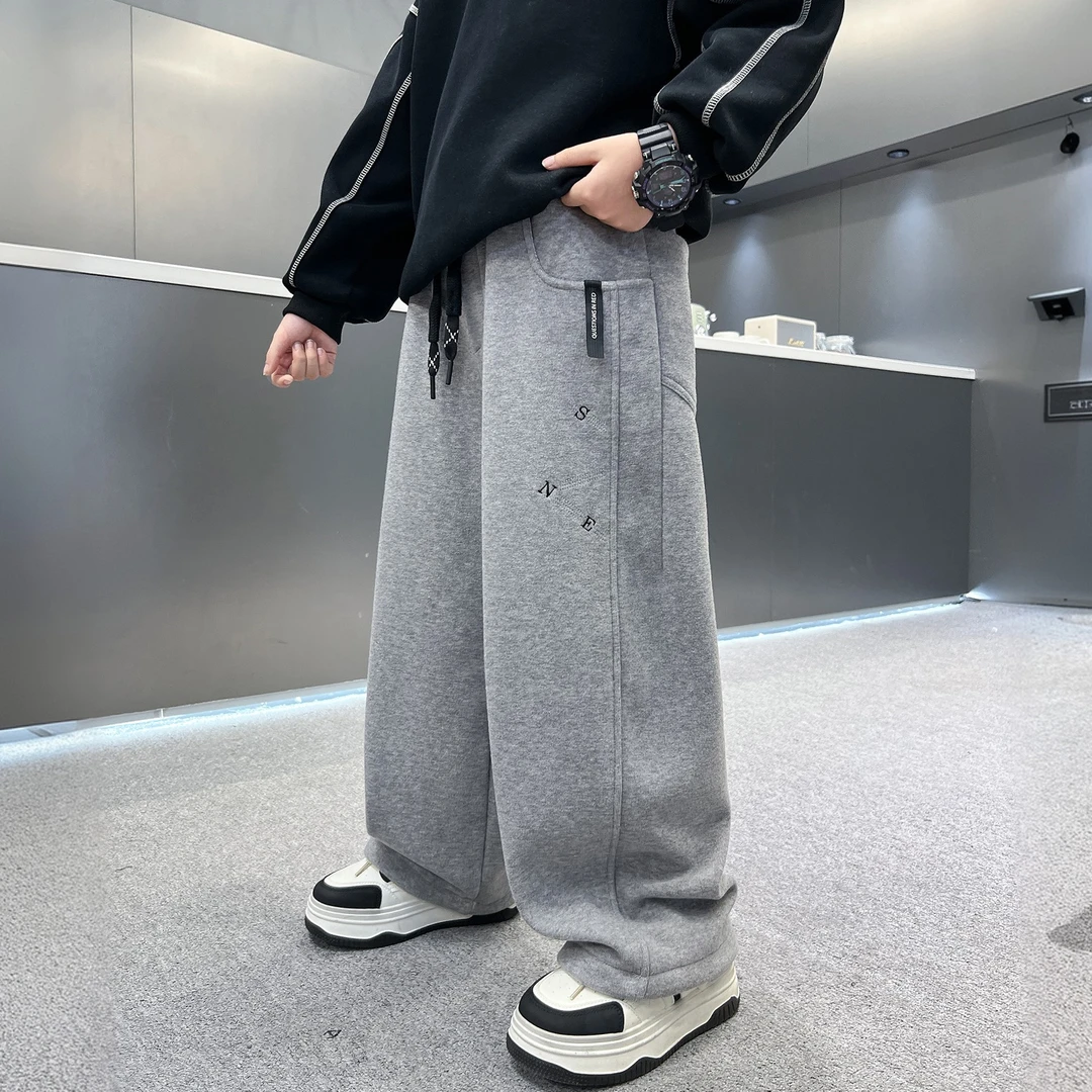 男童加绒针织裤冬款2025新款一体绒加厚宽松直筒灰色百搭休闲裤