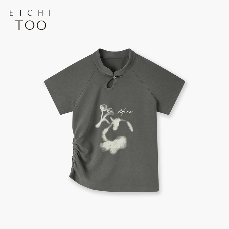 A爱居兔女装夏季新款腰部抽褶国风时尚短袖T恤ENZDJ2P016A