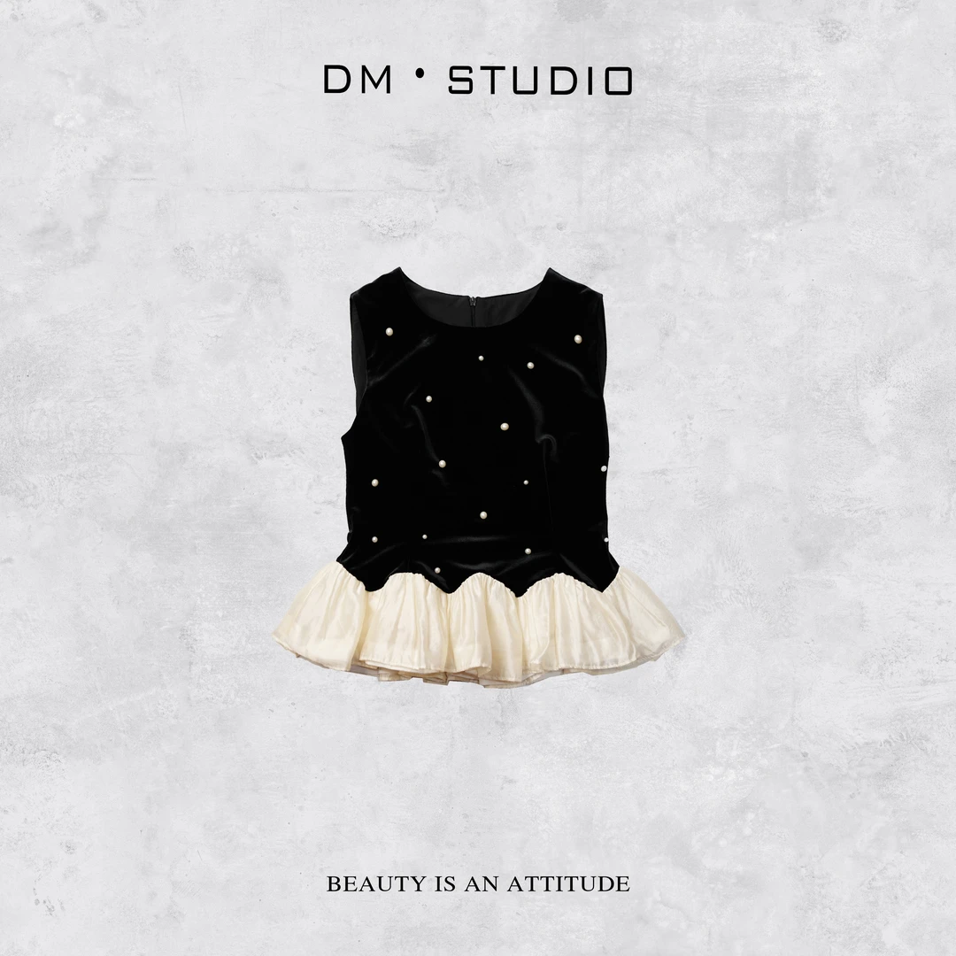 DEDM－DM•STUDIO/静奢高级感荷叶边珍珠丝绒无袖背心上衣（X5308）