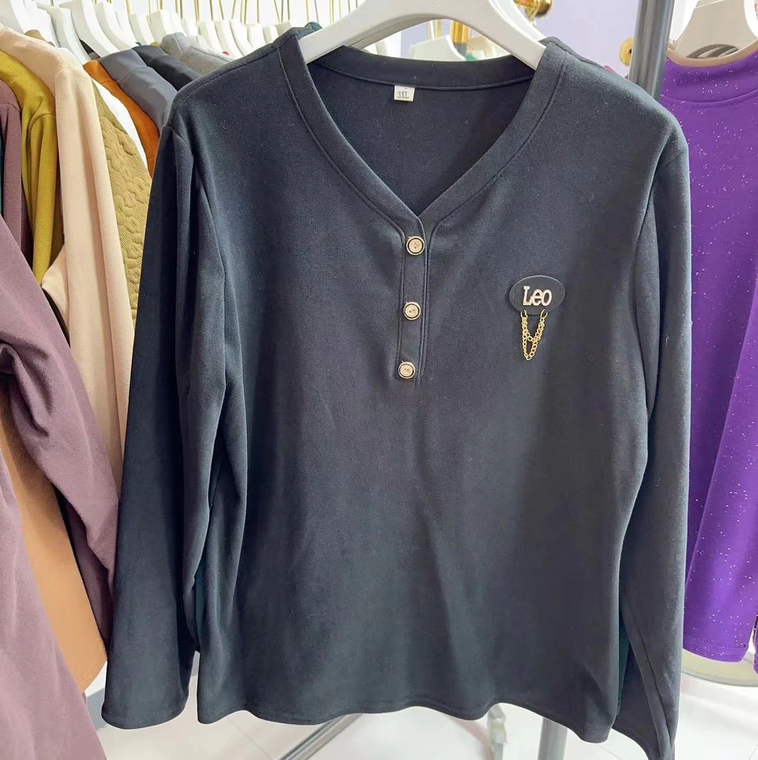 秋冬季纯色新款v领长袖上衣弹力棉时尚百搭款遮肚子肉显瘦   005