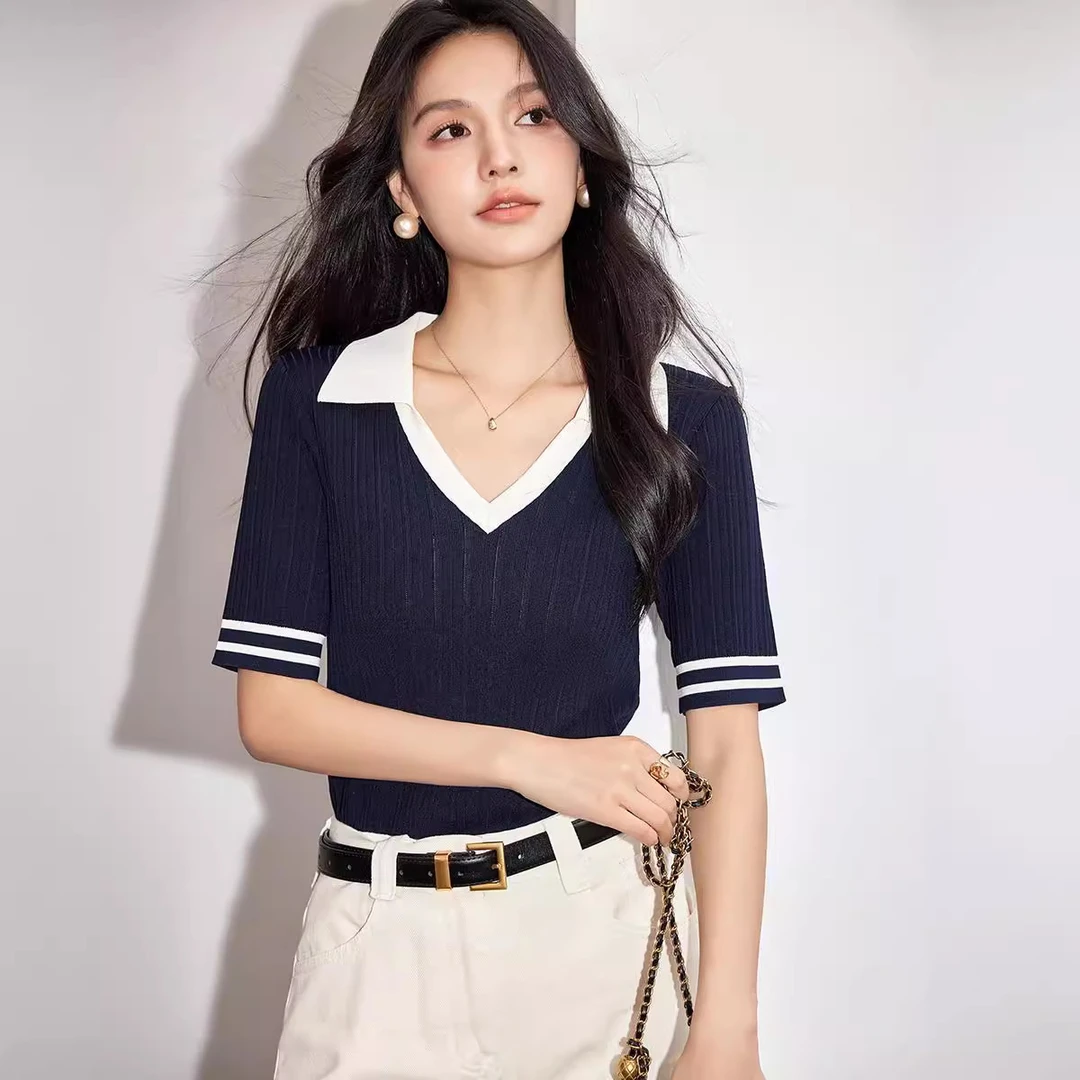 女装美式复古polo领短袖体恤2024夏季新款甜美减龄短款小个子上衣