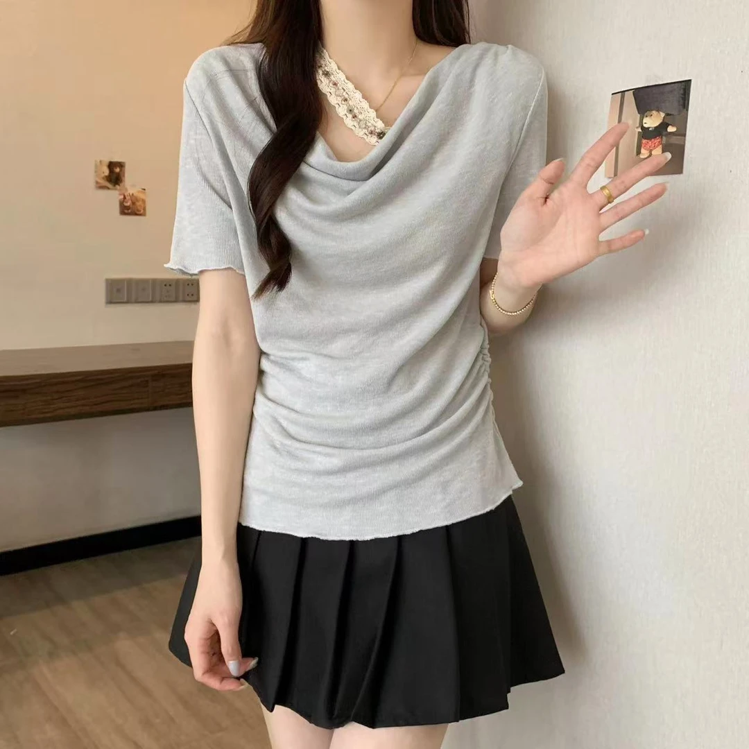 KK纯色木耳边收腰短袖【247】