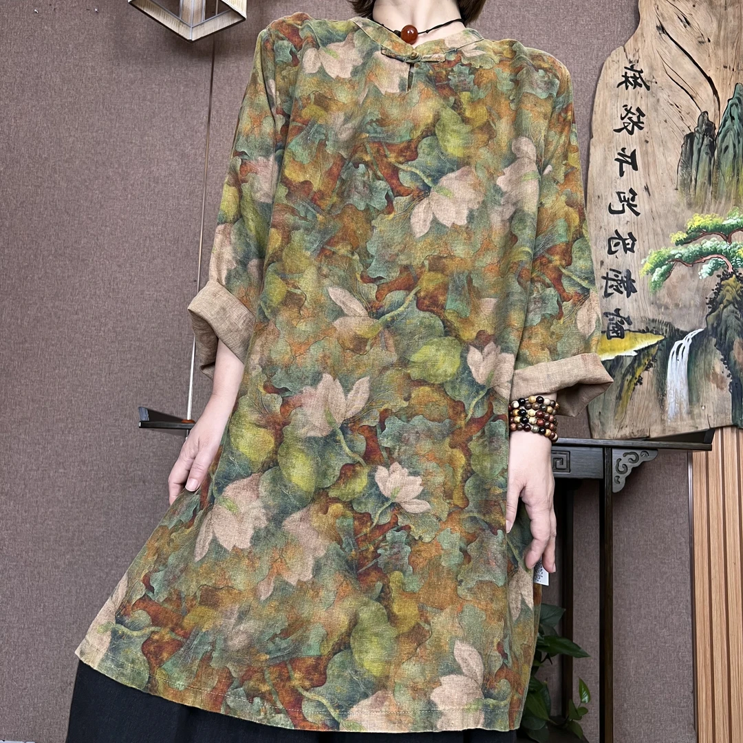 2318立领宽松型极简风印花短袖衬衫时尚气质提花上衣