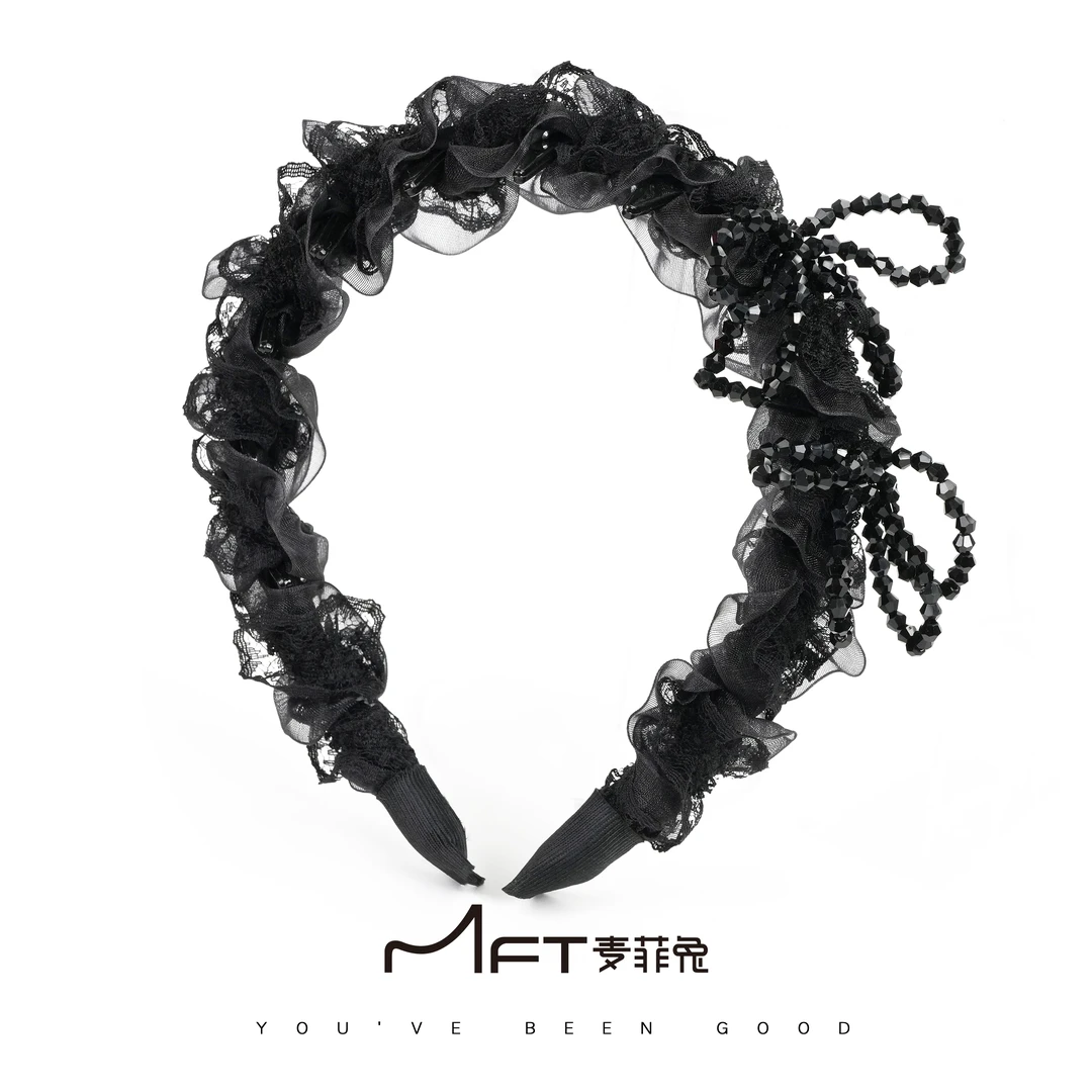 【玲珑发箍】网纱褶皱手工串珠锯齿黑色高颅顶蝴蝶结百搭