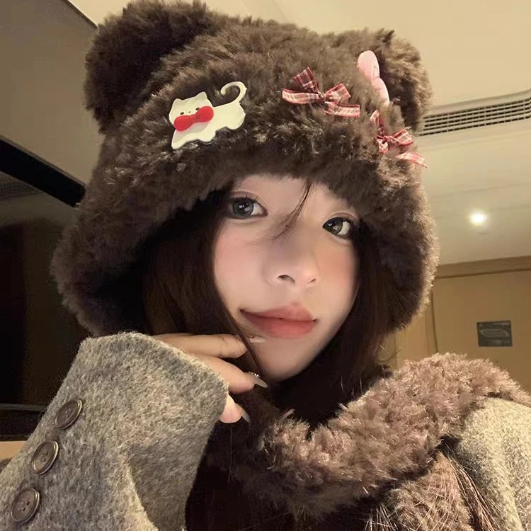 可爱小熊耳朵猫咪蝴蝶结毛绒帽女秋冬季保暖护耳雷锋帽显脸小帽子