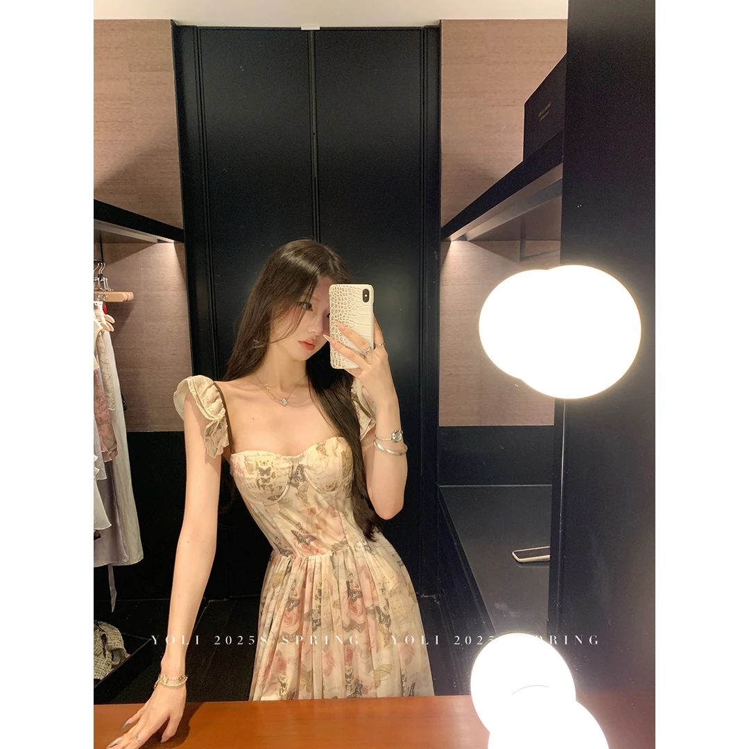 YOLI 张宥利  "粉雾玫瑰"吊带碎花裙