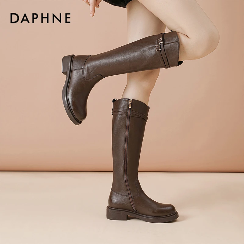 Daphne/达芙妮秋冬厚底时装靴女长筒不过膝粗跟时尚瘦瘦靴骑士靴