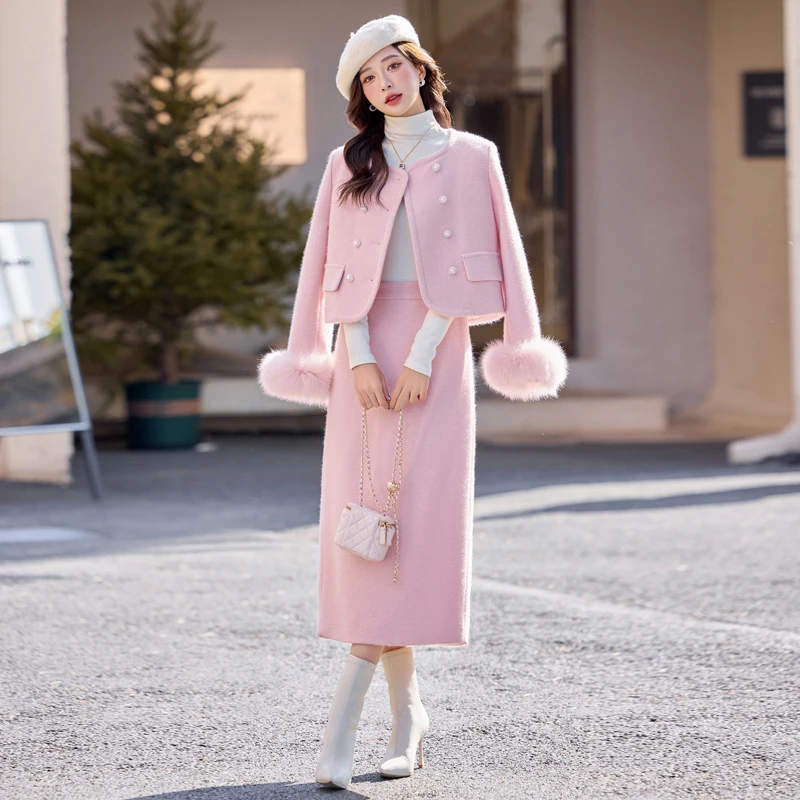 DUCURNO粉色小香风羽绒服套装女冬季2025年新款高级感加厚两件套