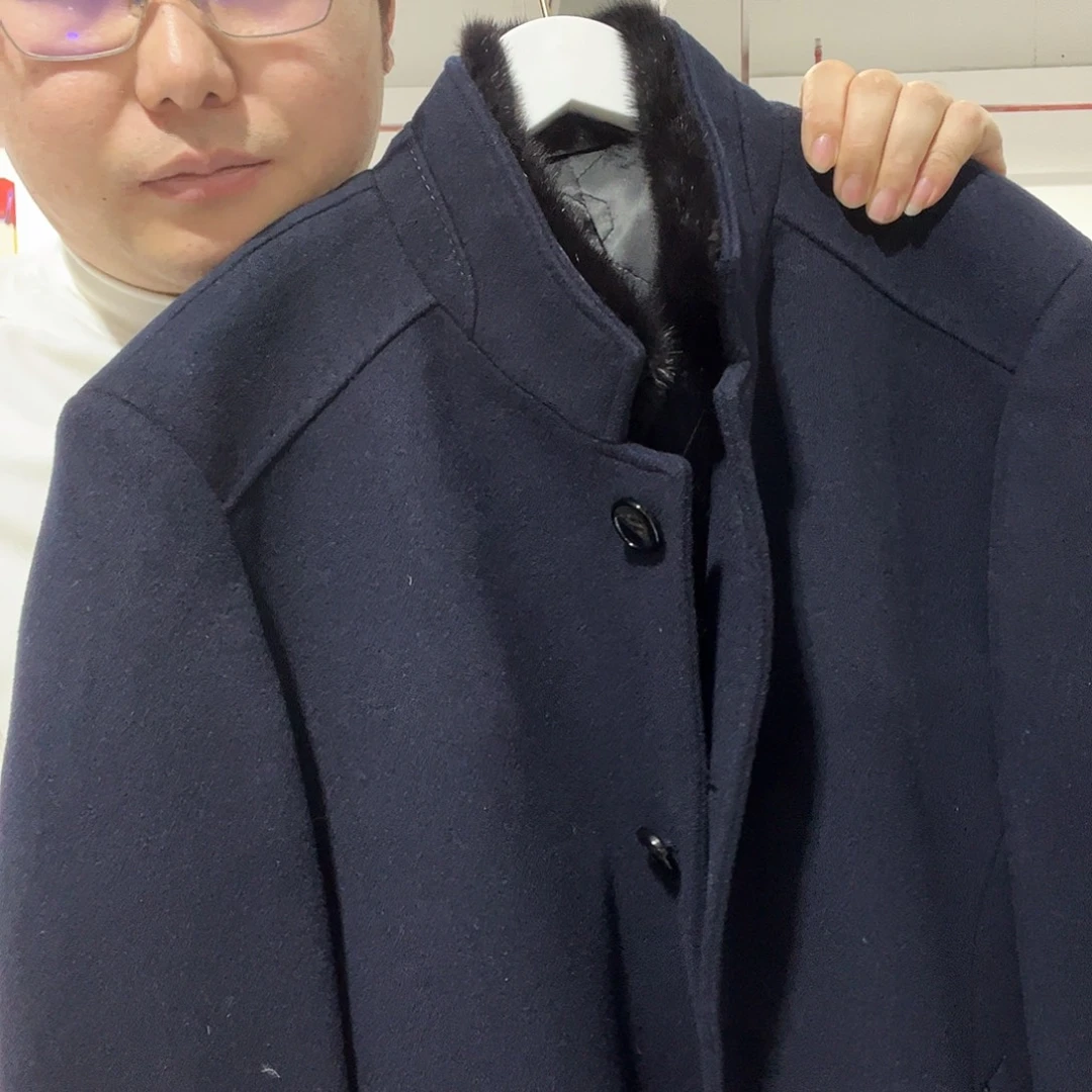 男士藏青呢子大衣