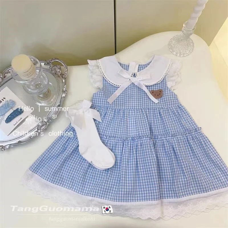 夏季新款女童小熊时尚格子裙宝宝洋气学院风娃娃领背心裙连衣裙潮