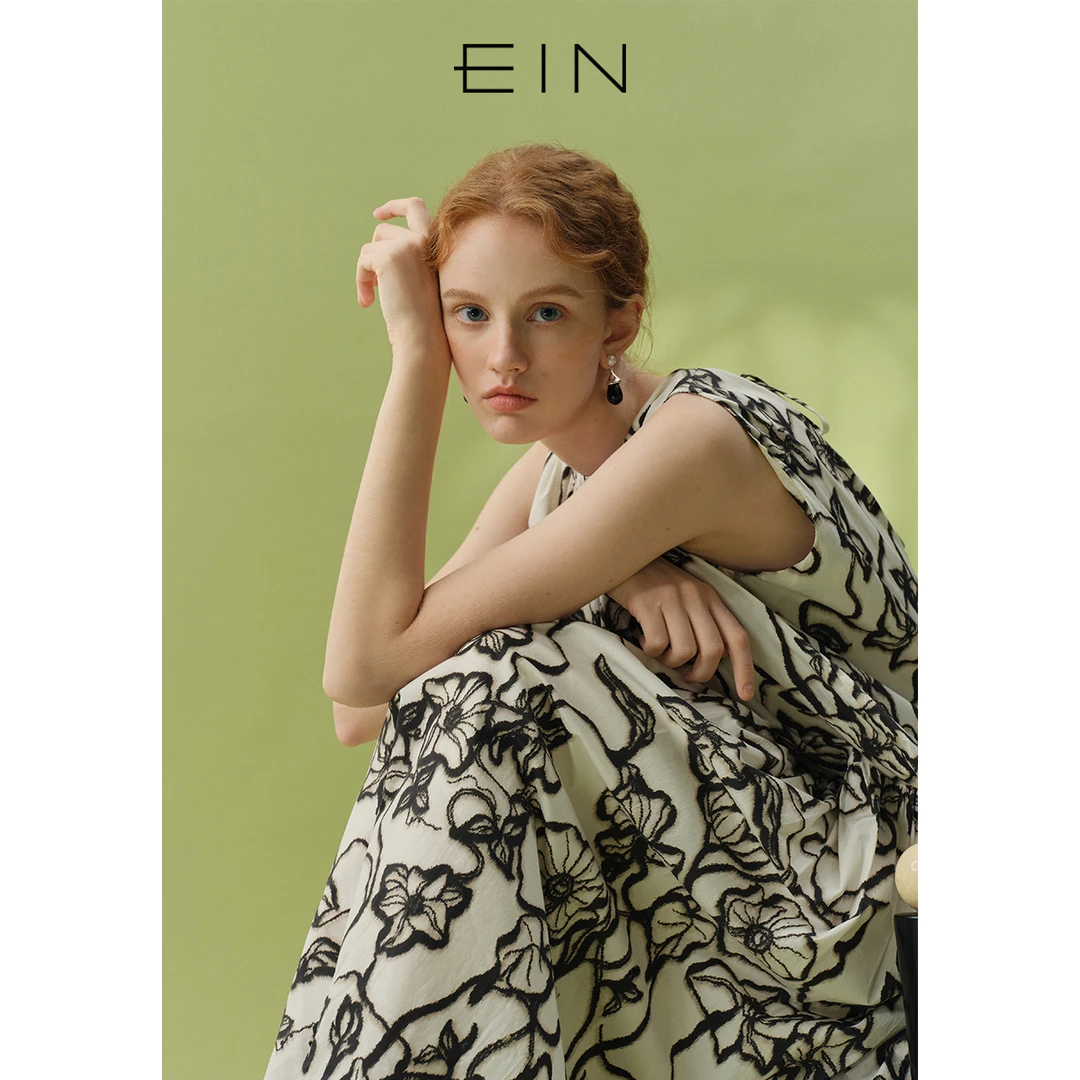 EIN/言文艺气质艺术感水墨虞美人印花圆领连衣裙女装25年夏季款