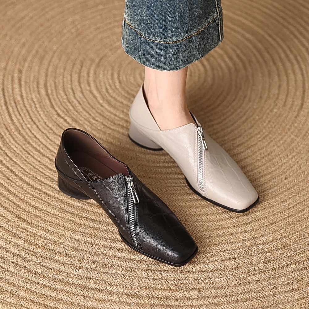 L045单鞋女2025春新款粗跟中跟鞋真皮大码女鞋小方头时尚皮鞋英伦