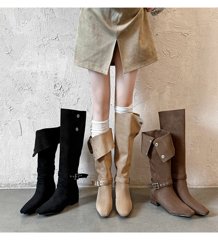 麂皮绒~3cm手工女靴沙漠音乐节秋冬新款长筒堆堆靴西部牛仔靴两穿