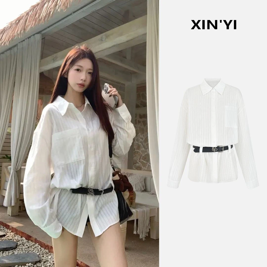 女绅士衬衫(连衣裙版) 美式设计感提花质感百搭衬衫带皮带C 8536#