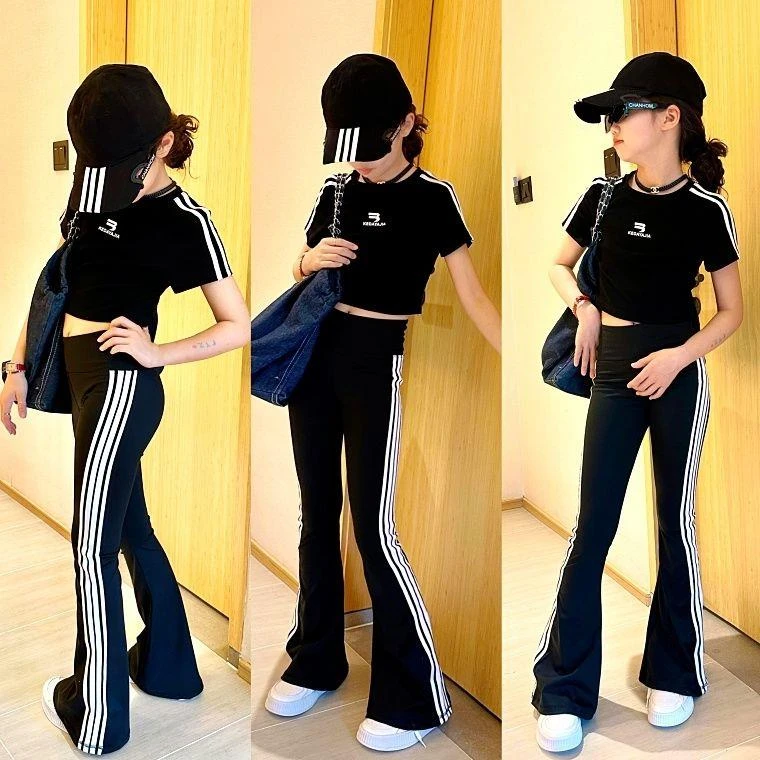 儿童喇叭裤显瘦显腿长瑜伽裤女童爵士舞拉丁舞夏季黑色套装