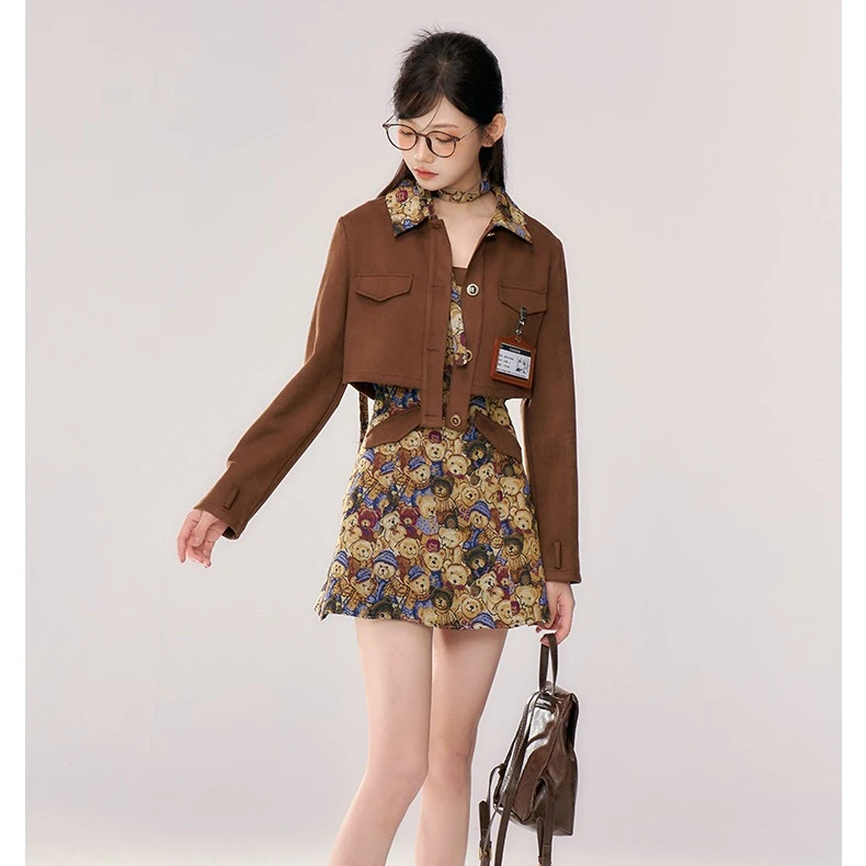 小熊焦糖复古吊带连衣裙女小个子秋季美拉德穿搭高级感套装