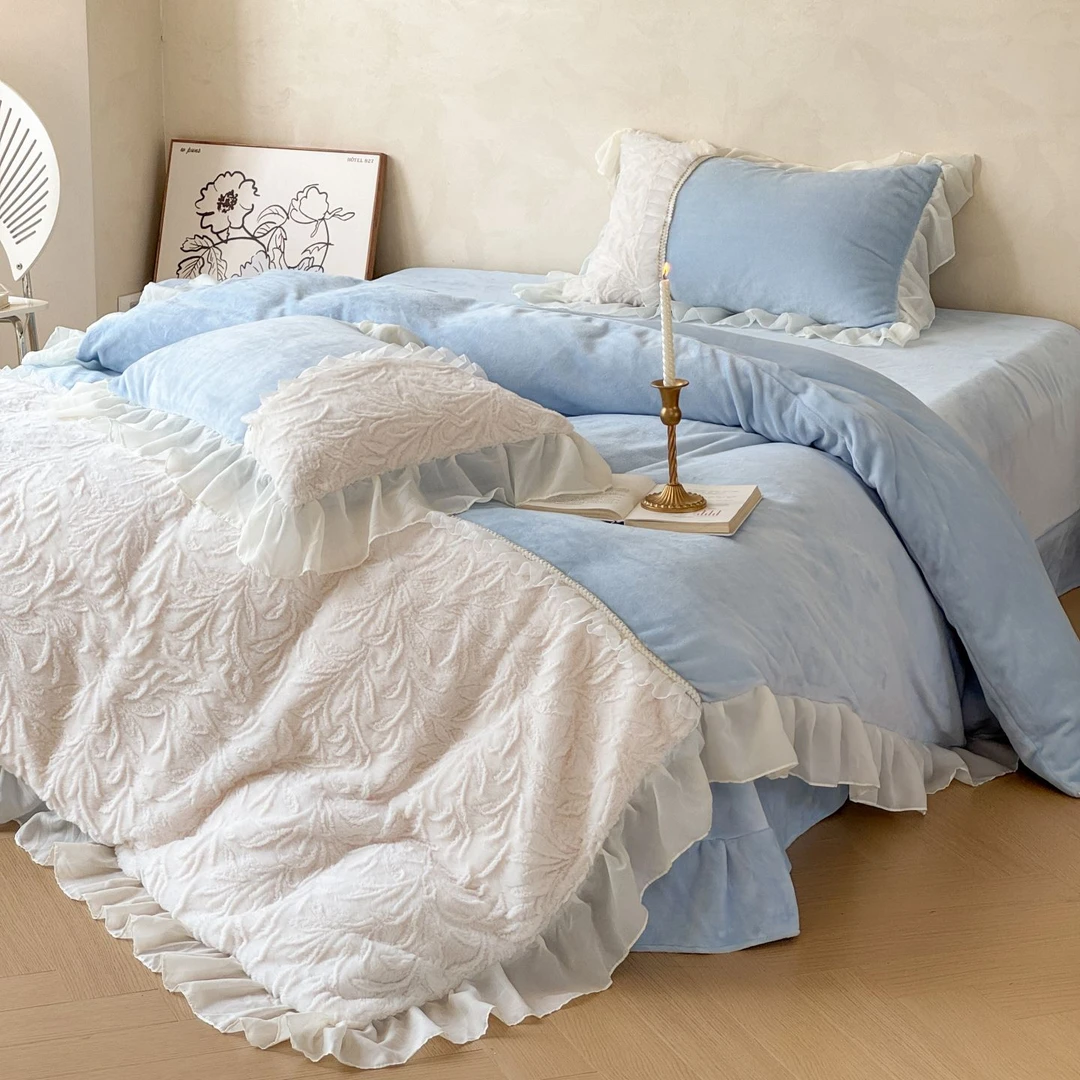 韩版兔毛绒公主风牛奶绒四件套纯色法式花边被套床裙四件套母婴级