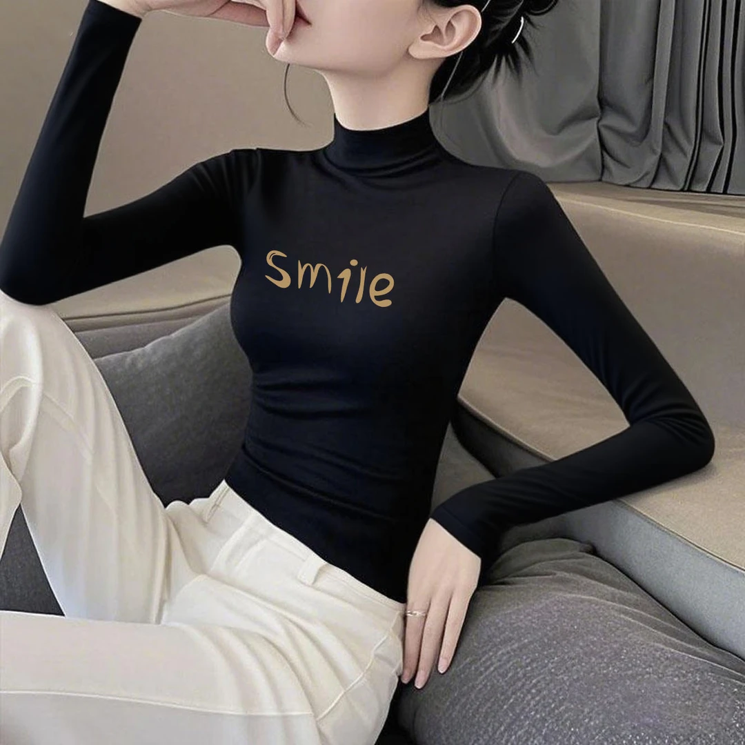 莫代尔黑色半高领打底衫女士秋冬季印花内搭修身外穿秋冬内搭上衣