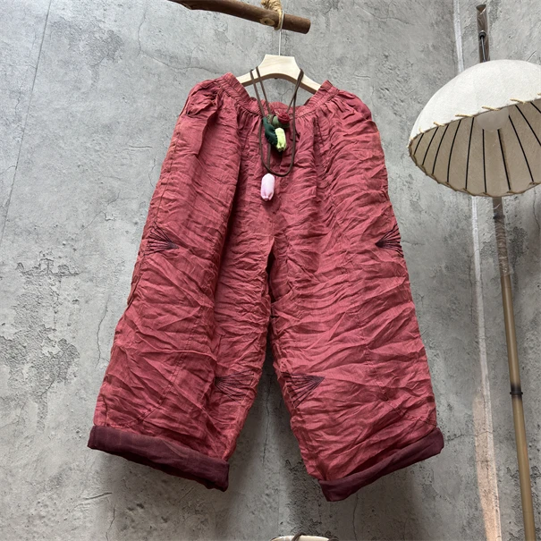 小九 原创苎麻复古炒色绣线春款百搭双层裤子 裤长95臀围160左右