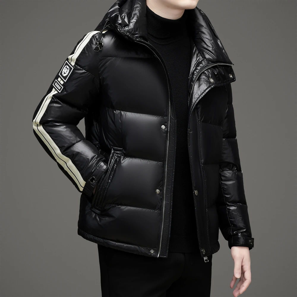 冬季时尚亮面男士连帽羽绒服潮流休闲百搭白鸭绒高充绒保暖外套男