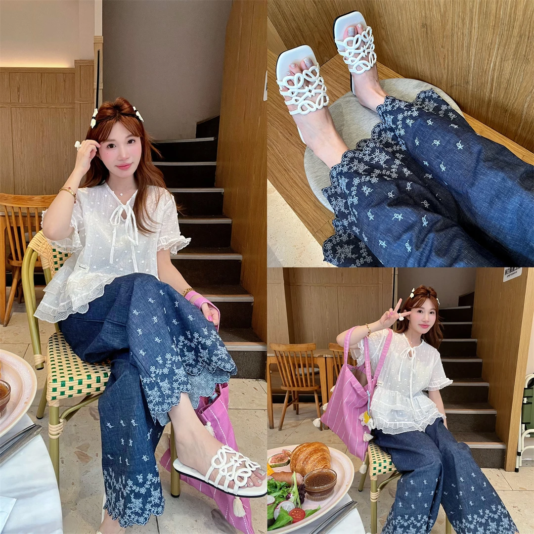 JENNIFER JXLIU韩版超美显瘦百搭蓝色刺绣花朵波浪边花长裤休闲裤