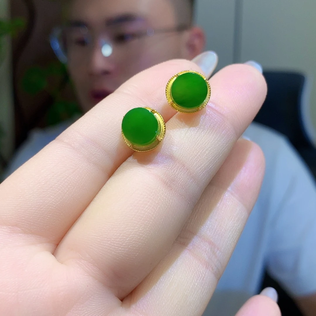 银S925镀金镶嵌和田玉（碧玉）耳饰