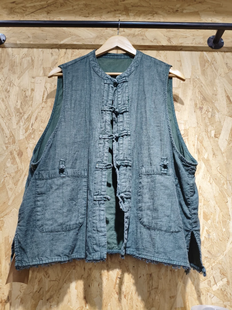 春季炒色做旧汉麻立领休闲百搭复古马甲上衣