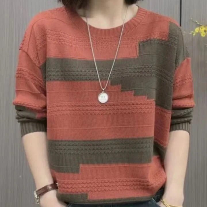 春季圆领拼色针织衫女2025新款洋气减龄宽松韩版休闲百搭显瘦上衣