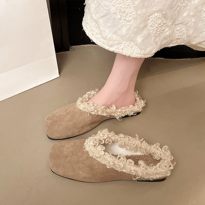 厚底磨砂皮勃肯鞋包头毛毛拖鞋女2025秋冬新款外穿加绒保暖棉鞋子