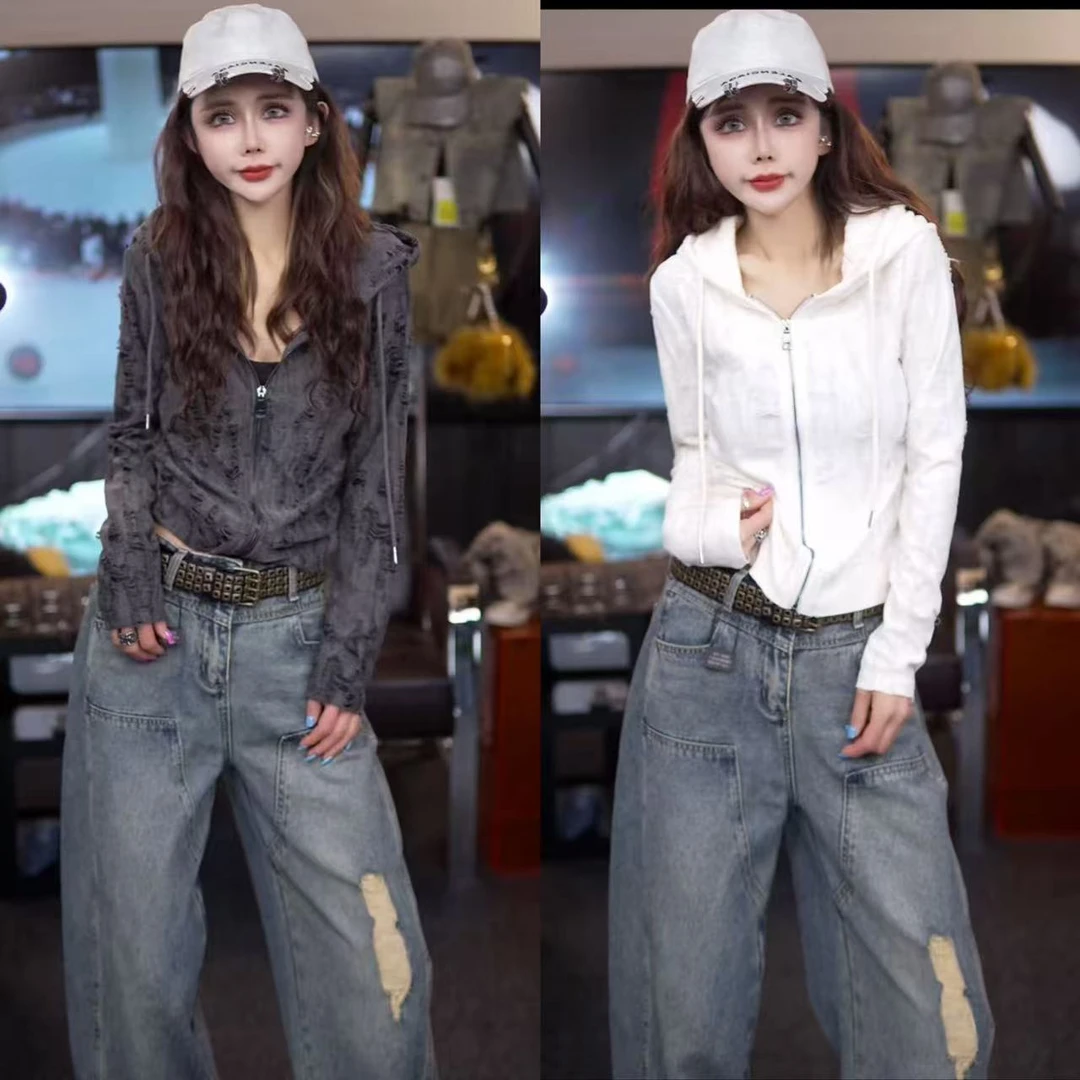 星宝原创美式破洞废土风格正肩长袖T恤女连帽拉链显瘦上衣外套