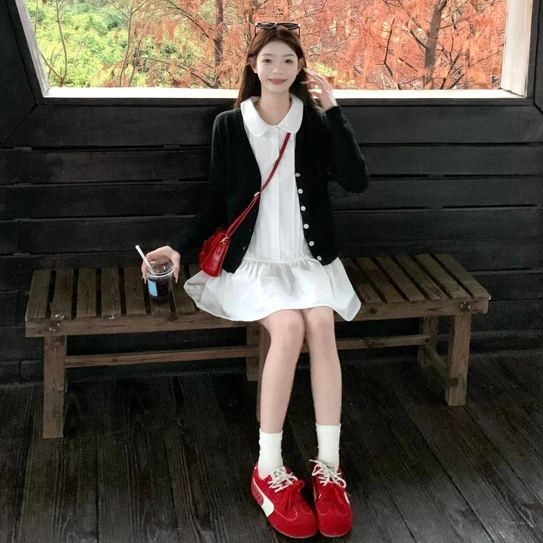 韩系学院风套装小个子毛衣条纹衬衫连衣裙两件套一整套穿搭春0459