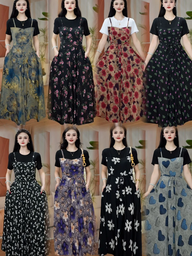 夏季碎花裙洋气拼接短袖连衣裙假两件遮肚显瘦气质连衣裙