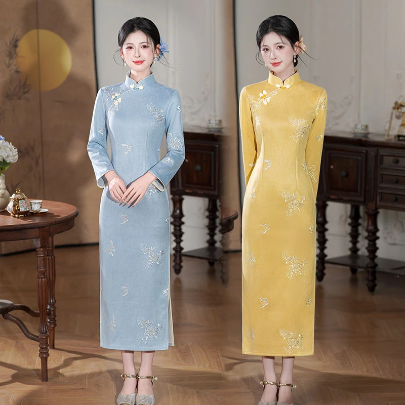 绣花中式改良旗袍2024新款年轻款女国风复古修身中长袖日常春秋装