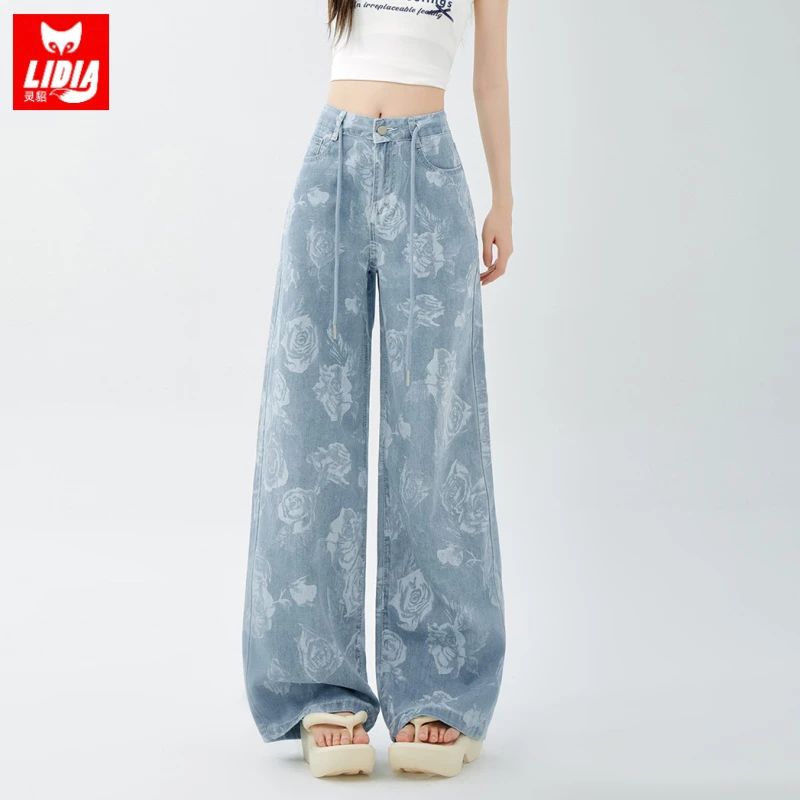 玫瑰花阔腿喇叭牛仔裤女2025年新款夏季薄款超火垂感慵懒直筒裤子