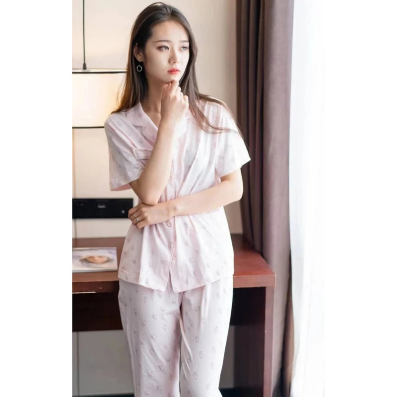 只发新疆纯棉短袖长裤薄款家居服套装女夏季休闲舒适透气19073