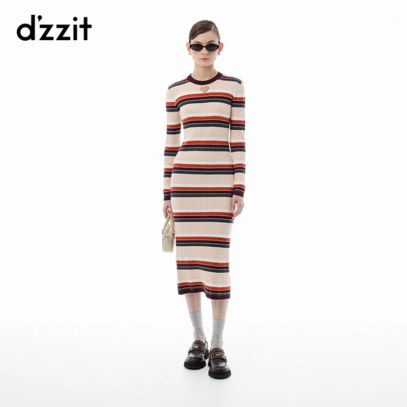 dzzit地素连衣裙春秋雅丹风彩条修身长袖中长针织裙女3I3E622