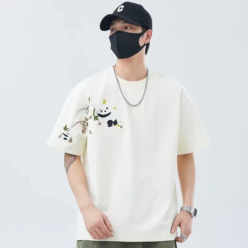 【双面液氨】重工全刺绣熊猫国潮风宽松情侣款T恤夏季