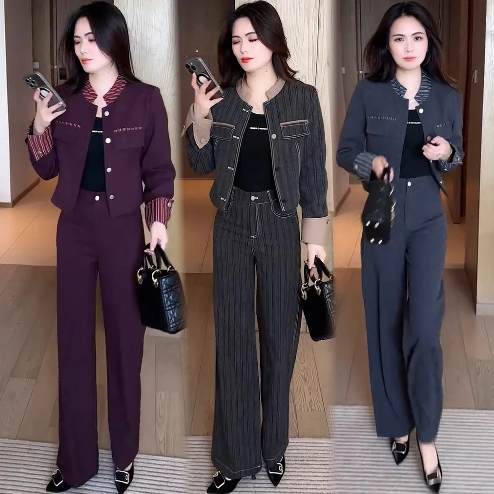 时尚套装女2025秋季新款洋气显瘦百搭短款拼接外套阔腿裤两件套潮