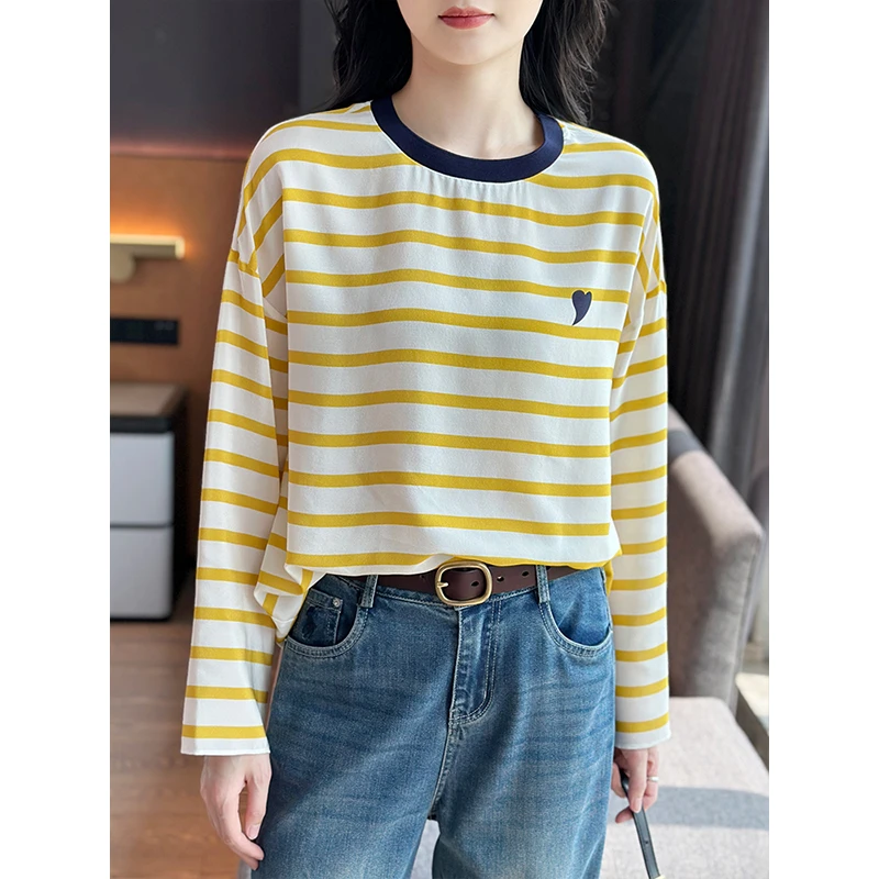左左家 活力元气感~圆领撞色爱心条纹真丝T恤宽松休闲桑蚕丝上衣