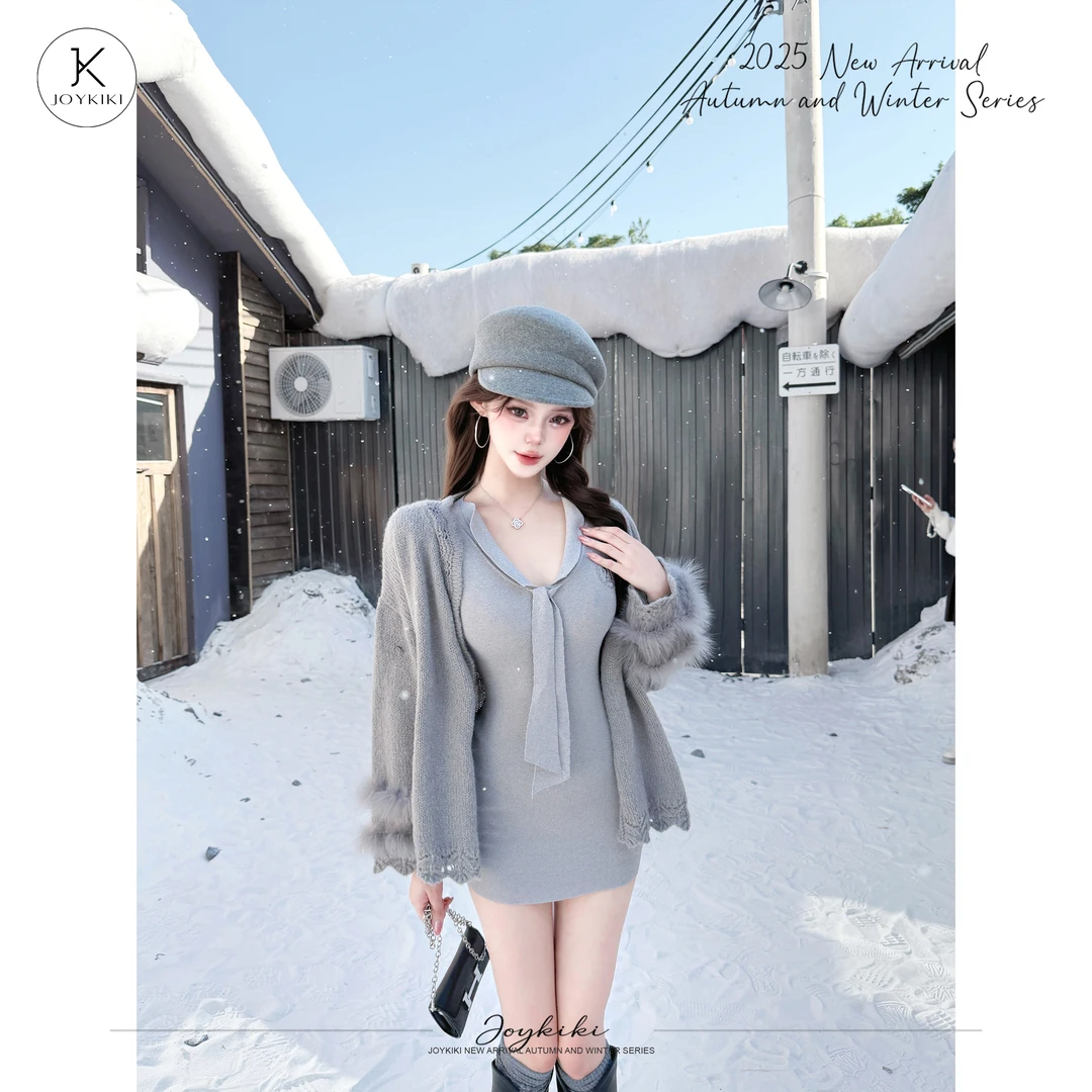 JOY KIKI鹅了么【S腰曲线】秋冬弹力收腰显瘦弹力长袖连衣裙J25D209