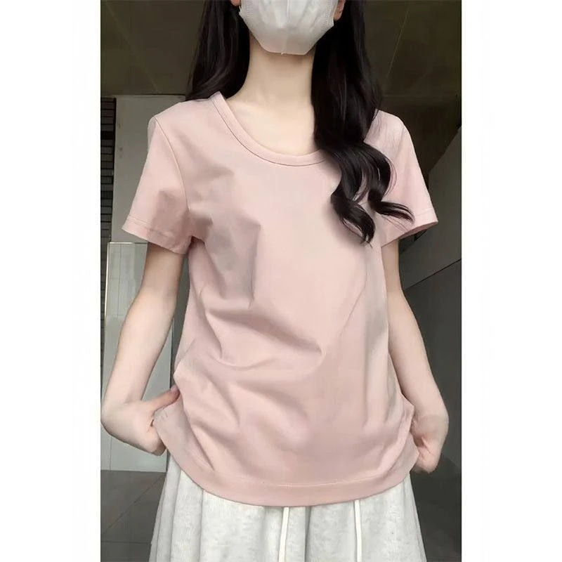 粉色U领宽松正肩韩版短袖T恤女夏小个子新款慵懒休闲半袖体恤上衣