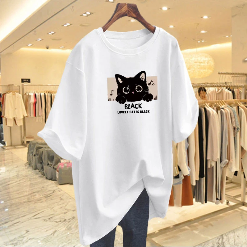 夏季情侣款宽松显瘦新疆棉中长款短袖T恤猫印花新款大版男女同款