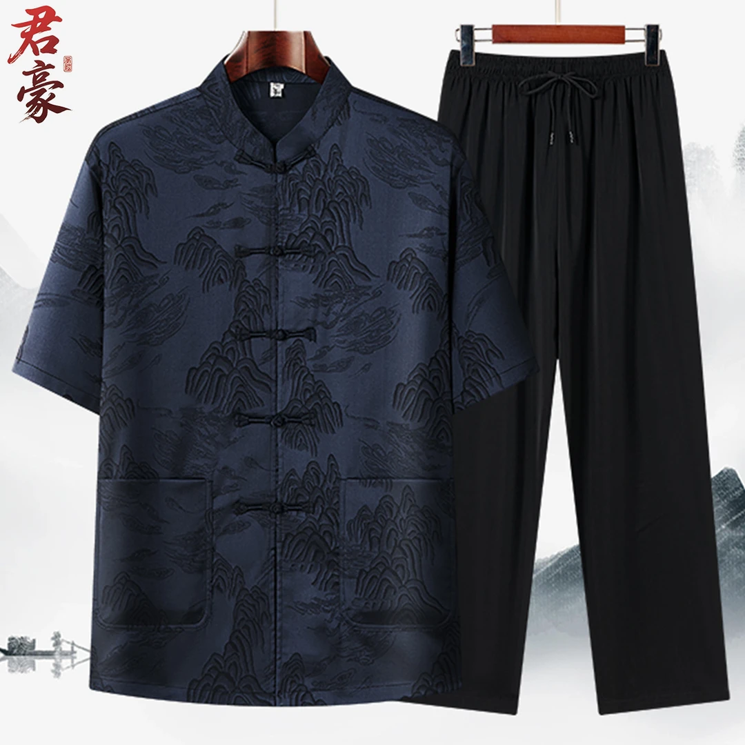 爷爷夏季套装唐装男中老年中国风套装60岁70爸爸夏装中式休闲衣服